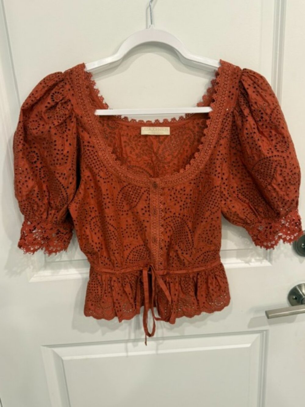 Ulla Johnson Rust Eyelet Puff-Sleeve Peplum Blouse